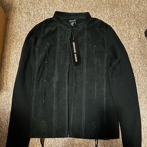 Black jacket , sweater style on back & sleeves leather on the front vest